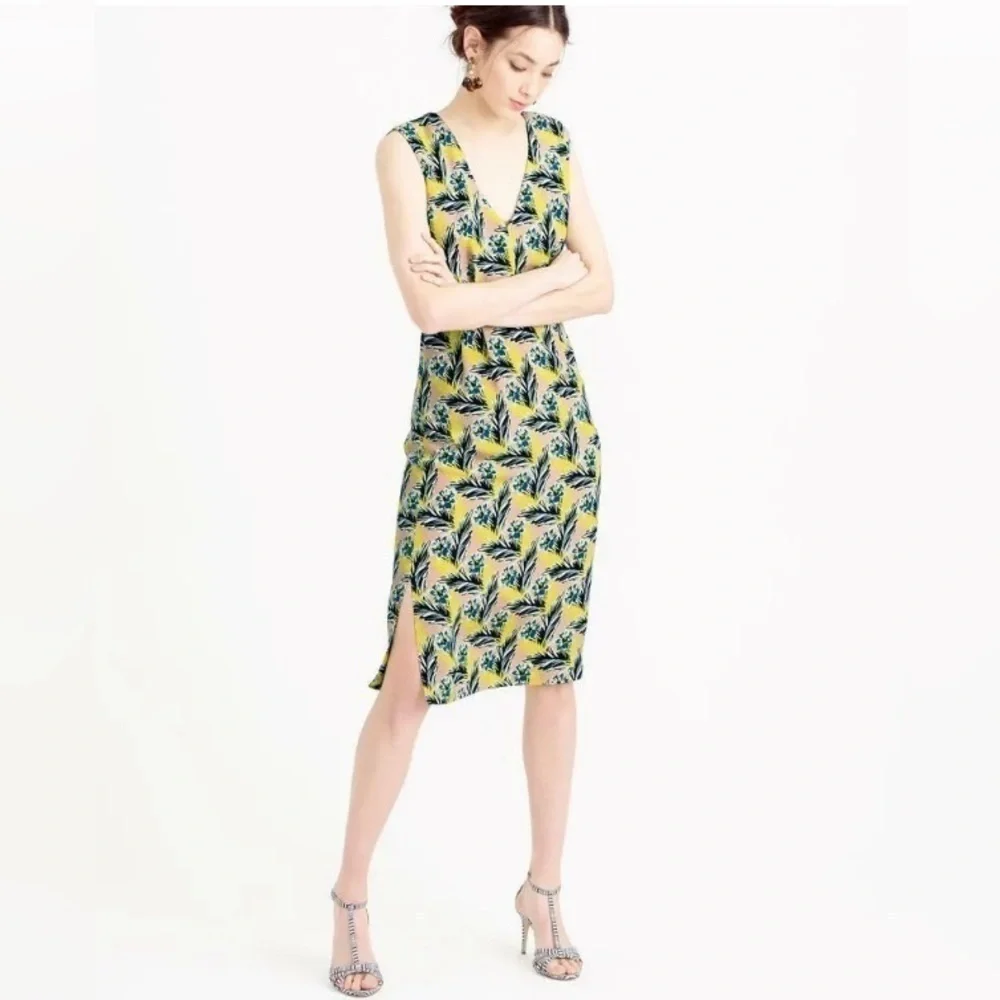 J Crew Yellow Floral Dress Spring Meadow Sleeveless 100% Silk Midi 4P Petite